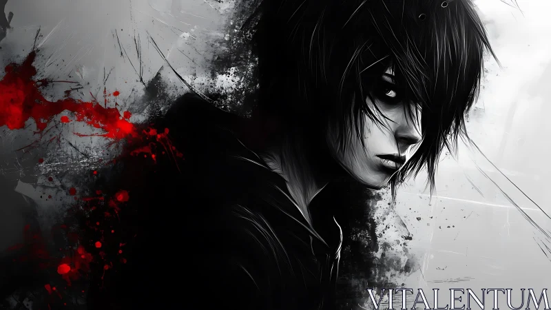 Monochrome emo portrait with kinetic red splatter dynamics.