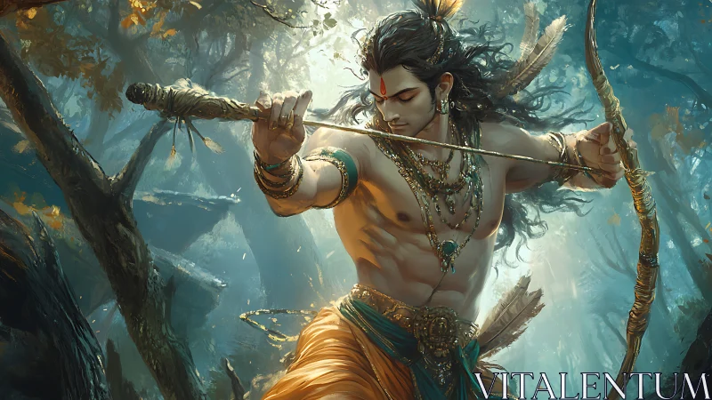 Mythic archer in dynamic draw pose within misted forest