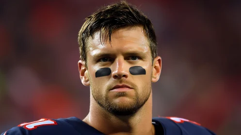 Focused football player gazes ahead under bright stadium lights
