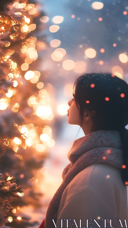 Girl gazes at glowing winter tree in soft bokeh light.