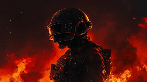 Armored tactical soldier rendered against infernal backlight