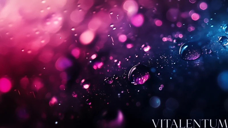 Macro droplets on iridescent bokeh surface under magenta cyan light