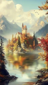 Autumnal alpine lake fortress under stratified mountain haze.