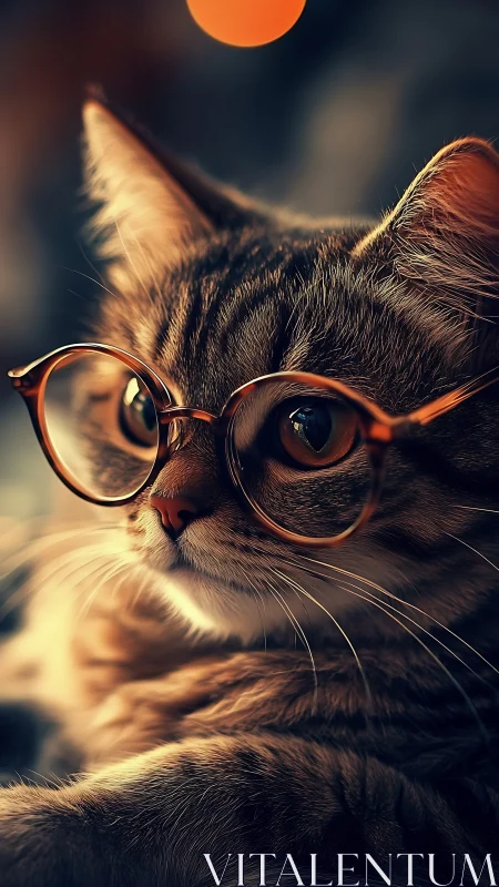 Feline specimen wearing optical eyewear under warm lighting.