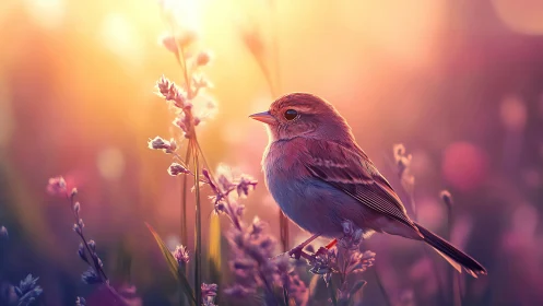 Songbird rests in glowing meadow light at sunset