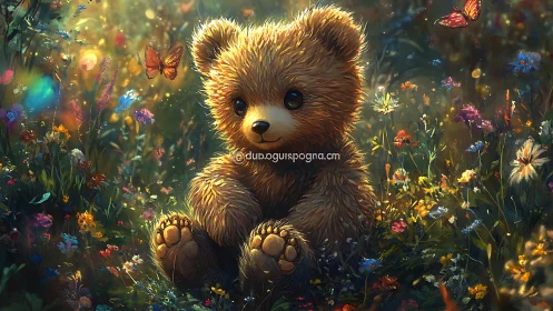 Soft teddy bear among glowing wildflowers at sunset.