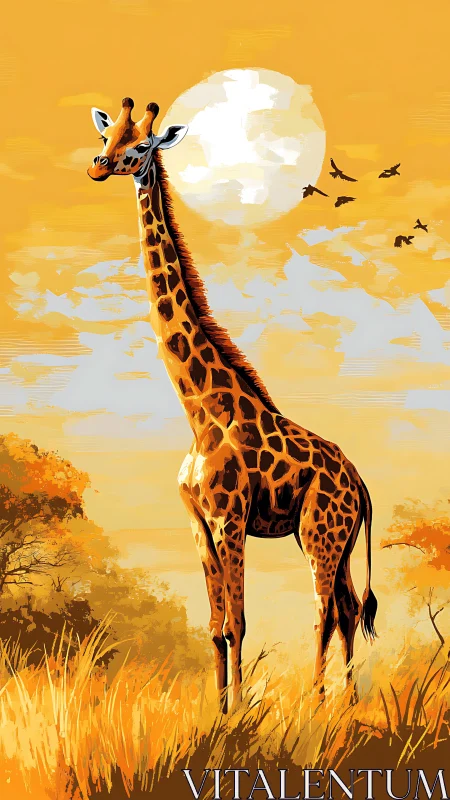 Giraffe stands in golden savanna grass under bright sun