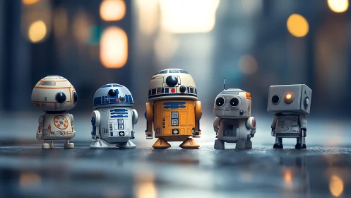 Miniature droid lineup rendered with cinematic depth of field