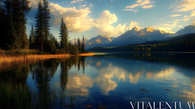 Sunlit alpine lake with mirrored mountains at golden hour.