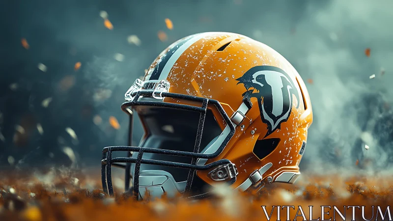 Battle-worn football helmet rests amid swirling autumn grit