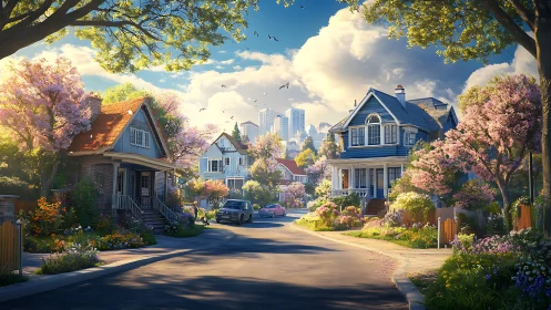 Sunlit suburban street welcomes a calm, flower-rich neighborhood