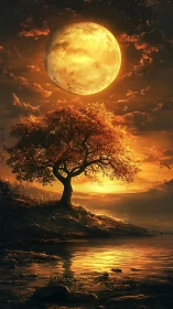 Golden celestial moon hangs above illuminated lakeside tree