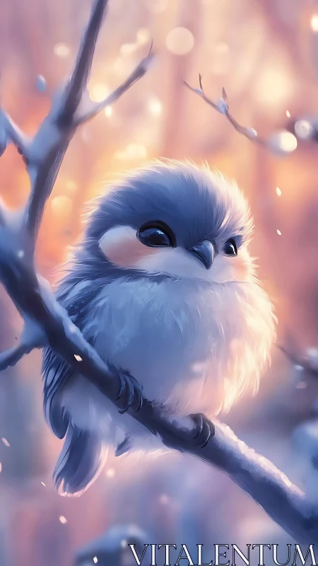 Fluffy blue songbird rests on frosted branch at sunrise.