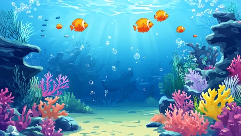 Colorful coral reef scene with playful tropical fish undersea.
