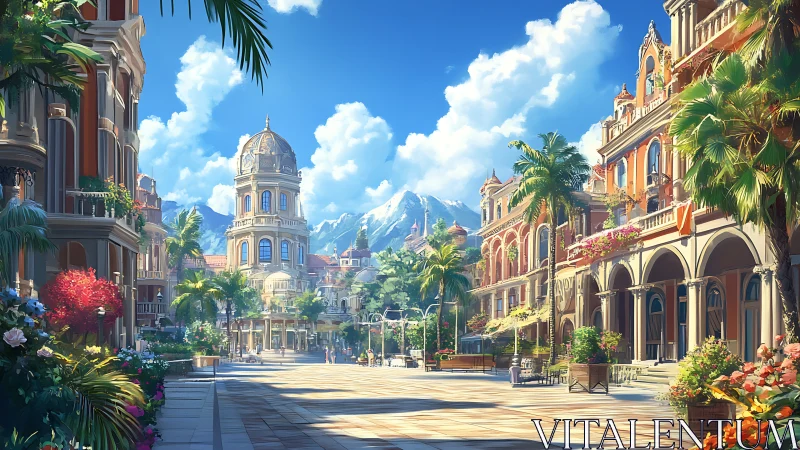 Mediterranean boulevard with lush gardens and alpine backdrop.