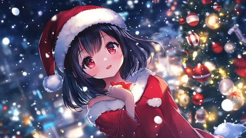 Anime Christmas portrait with luminous bokeh snowfall field.