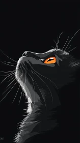 Feline Head Profile with Luminescent Orange Eyes Against Deep Black.