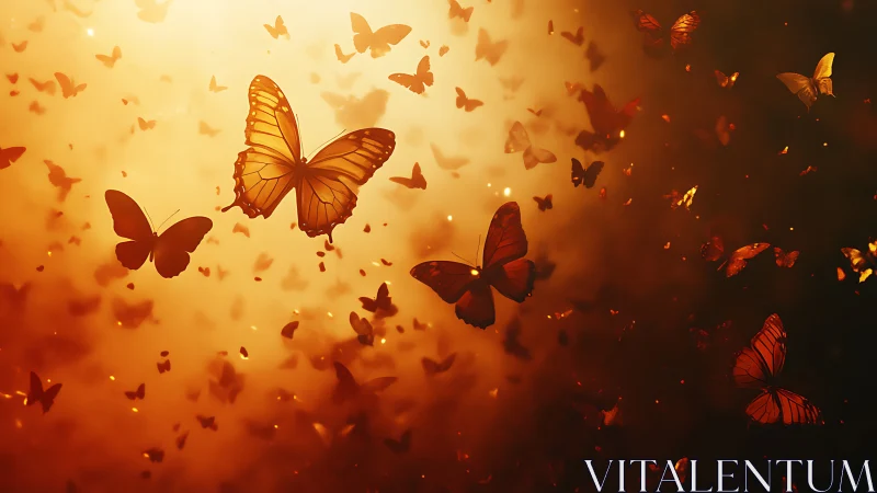 Backlit orange butterflies drift through luminous warm haze