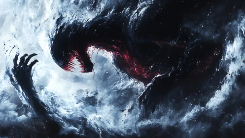 Stormborn shadow lunges through crimson‑lit cosmic surf