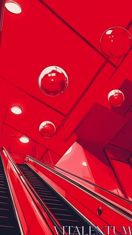 Red escalator interior with reflective spheres overhead.