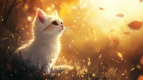 White Kitten in Autumn Light and Falling Leaves.