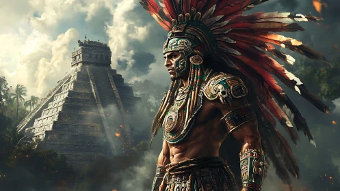 Proud warrior stands before ancient jungle pyramid at dusk.
