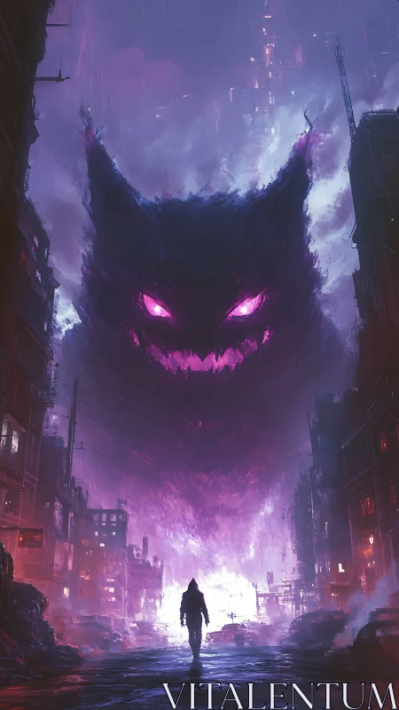 Lone figure facing giant glowing cat-shaped spirit in city