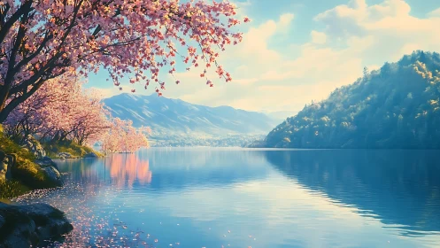 Cherry blossom shoreline reflects across tranquil mountain lake