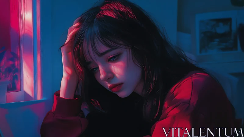 Melancholic woman in neon window light, cinematic portrait study.