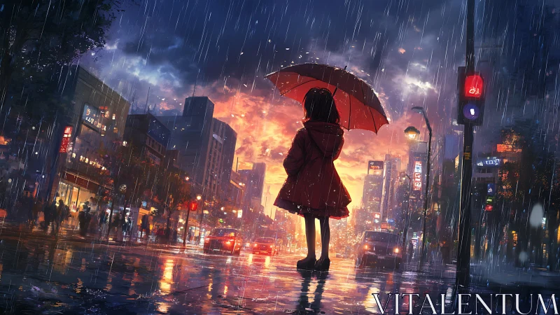 Backlit child under crimson umbrella in neon rain cityscape.