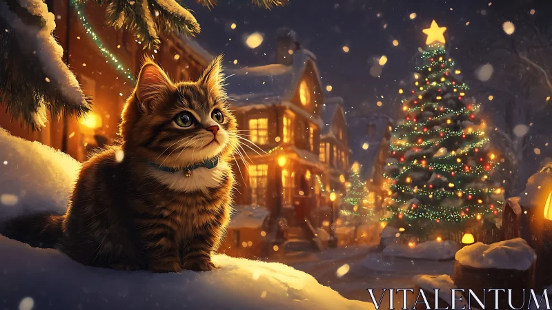 Tabby kitten in glowing snowy village beside lit tree.