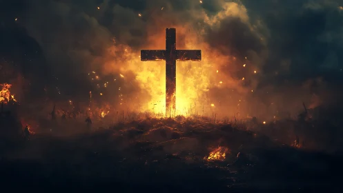 Cross silhouette on burning landscape under dark sky.