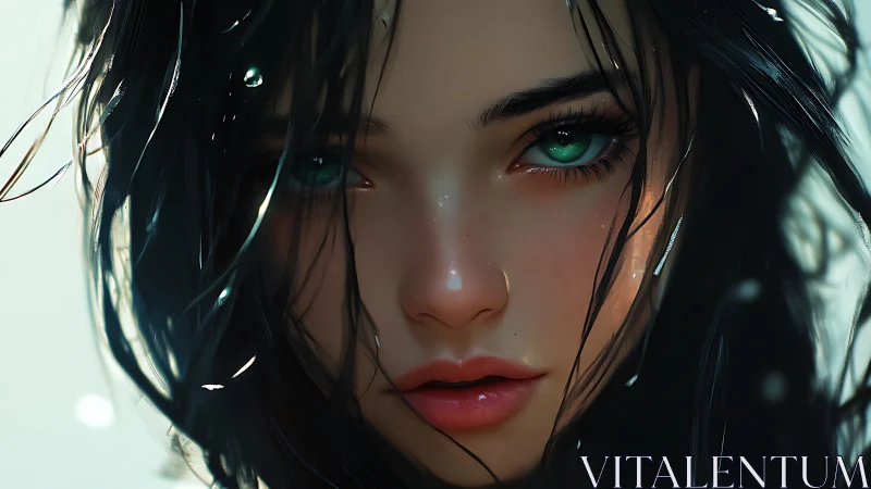 Digital portrait of woman with wet hair and green eyes.