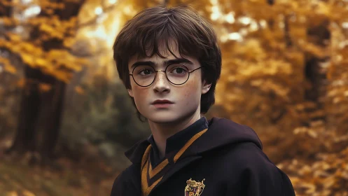 Photorealistic young wizard portrait in autumn forest setting.