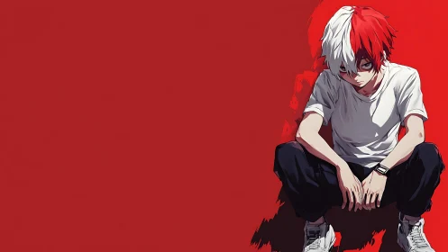 Quiet red-cornered rebel resting in bold anime color.