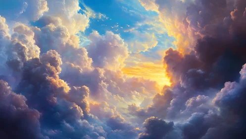 Luminescent cumulus corridor framing radiant sky portal.