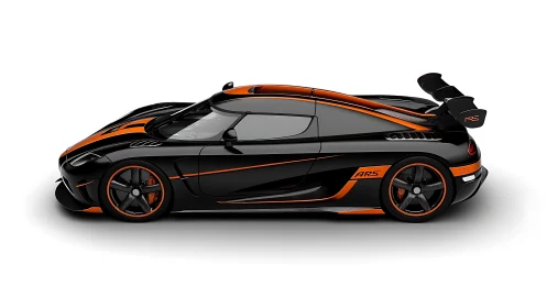 Black and orange hypercar profile on white background.