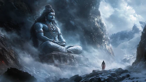 Mystic mountain god and lone pilgrim in swirling snowstorm.