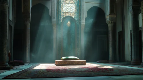 Volumetric light over ornate prayer dais in Islamic hall.