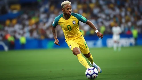 Brazil midfielder dribbling match ball on lush green pitch