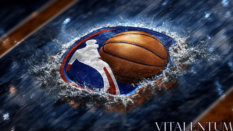 Exploding hardwood logo slings a wet, blazing basketball forward