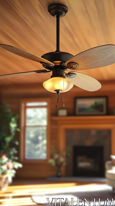 Warm wood ceiling fan illuminates a cozy rustic living room