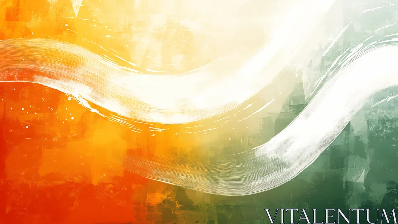 Curved white strokes traverse orange to green textured gradient