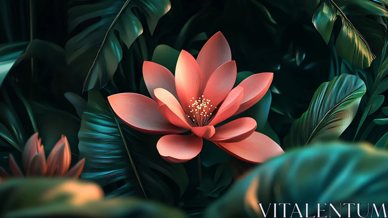 Coral lotus bloom with layered petals among dark teal foliage.