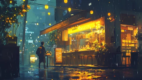 Lone figure studies neon street stall glow in rainy night