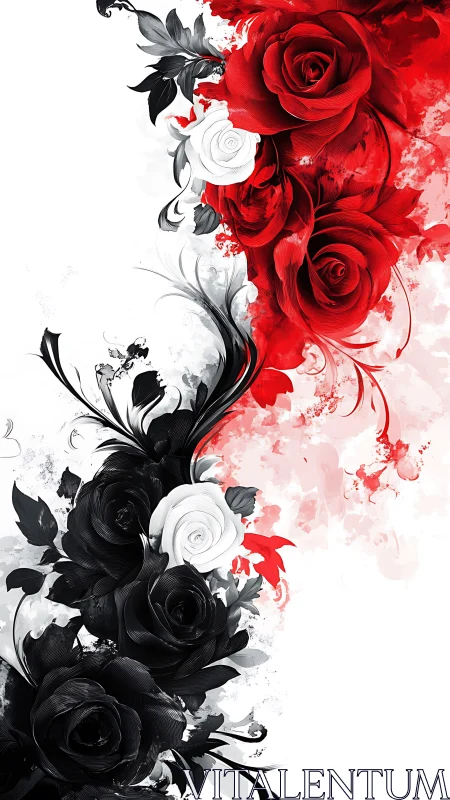 Chromatic Rose Composition: Red and Monochromatic Floral Digital Artwork