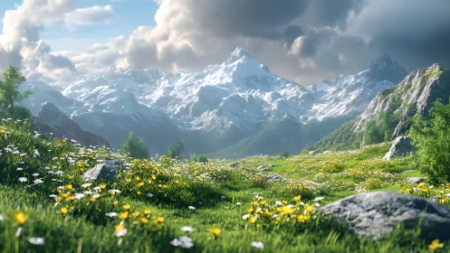 Sunlit mountain meadow opening gently toward snowy peaks.