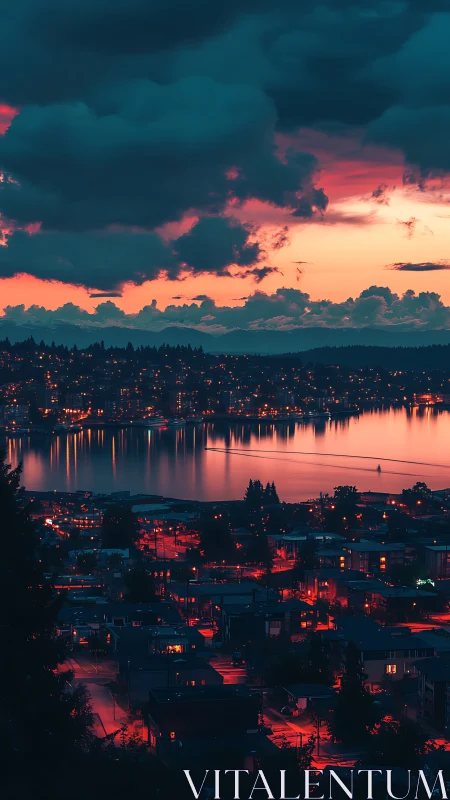 Urban lakeside district under dense clouds at dusk.