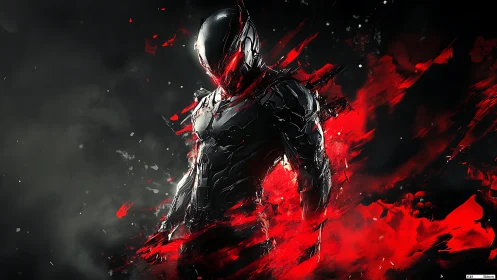 Cybernetic assassin in red kinetic splatter composition.
