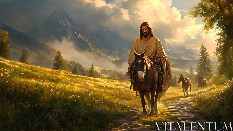 Soft-robed rider crossing golden meadow beneath brooding peaks.